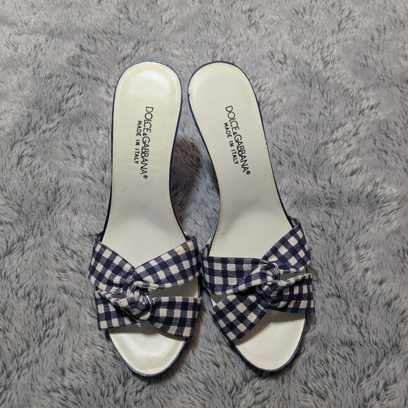 Dolce & Gabbana Heels Stiletto Mules Slip On Peep Toe Blue Gingham Size 38 - Picture 4 of 11